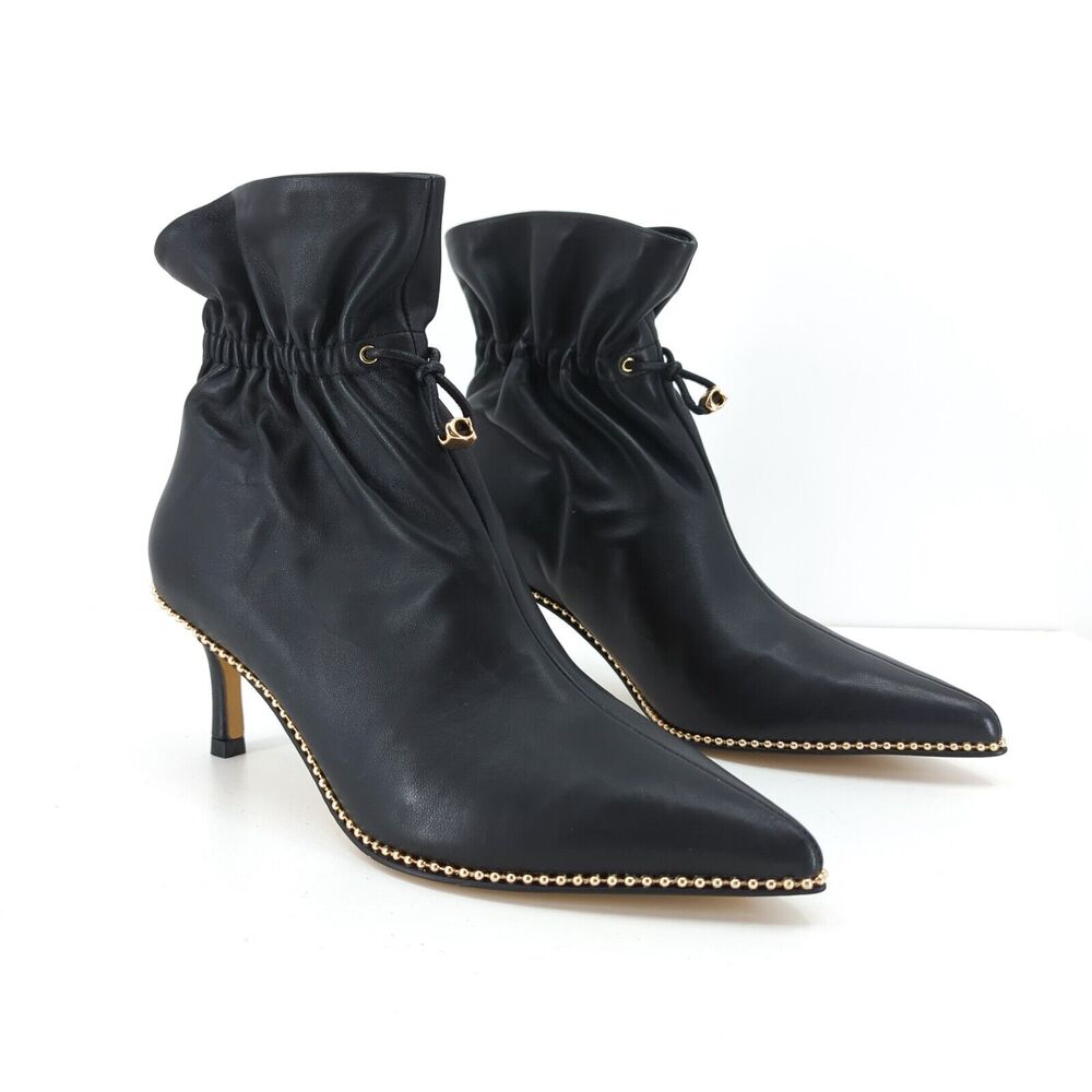 Coach Women 6.5 Wynie Booties Boots Black Leather Slouch Stud Trim Pointed Cinch